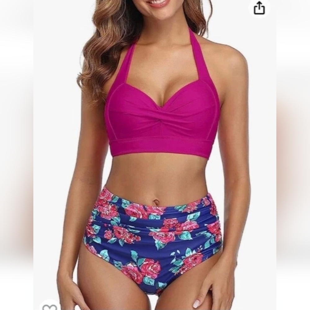Tempt Me Two Piece Vintage Swimsuit Retro Halter Ruched High Waist Bikini Medium